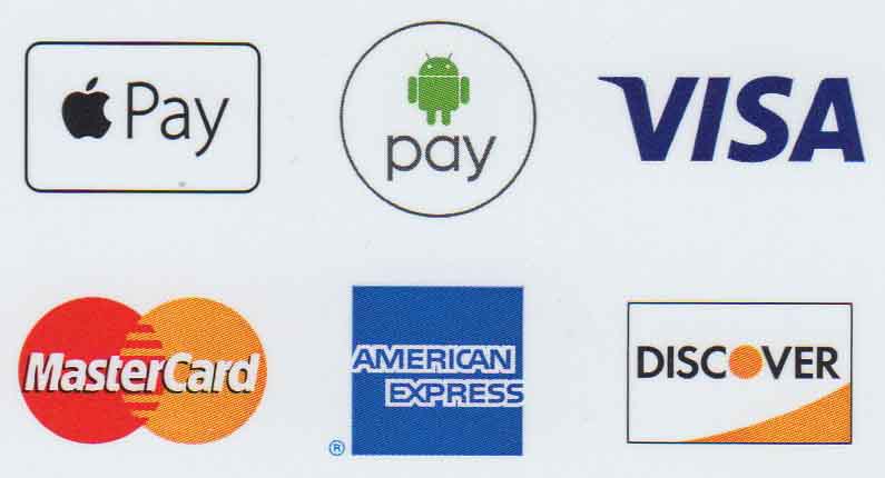 We accept cash, check, Visa, MasterCard, American Express, Discover, Apple Pay, and Android Pay